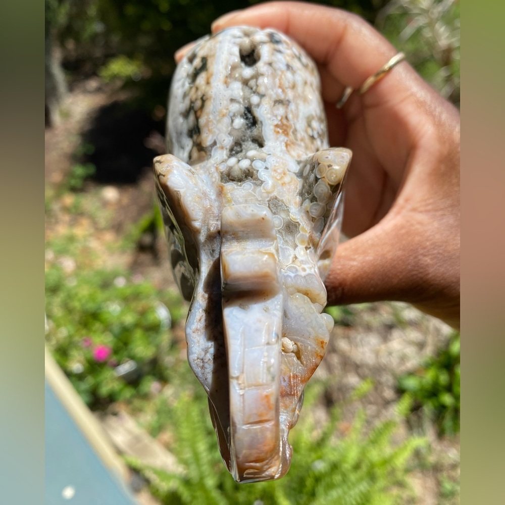 White and Green Orbicular Jasper Elephant Carving - Picture 3 of 13